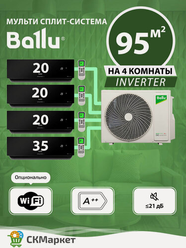 Изображение товара Мульти сплит система кондиционер на 4 комнаты (20+20+20+35) кв. м. Ballu Platinum Evolution BSUI-FM/in-07x3+12HN8/EU_BL/ BA4OI-FM/out-36HN8/EU, для помещений 95 кв. м, кондиционер инверторный черный