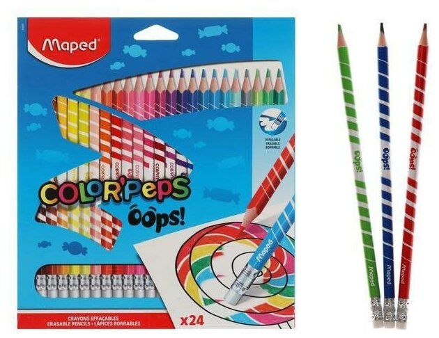 Карандаши 24 цвета, Maped Color Peps Oops, пластиковые, с ластиком, европодвес