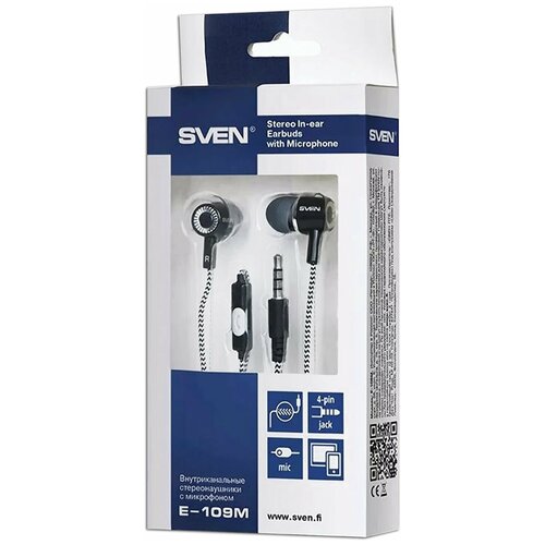 Наушники с микрофоном гарнитура SVEN E-109M провод 12 м вкладыши черные с серым SV-016241 2 шт 367100₽