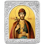 Святой Борис. Маленькая икона в посеребренной раме. 4,5 х 5,5 см. - изображение