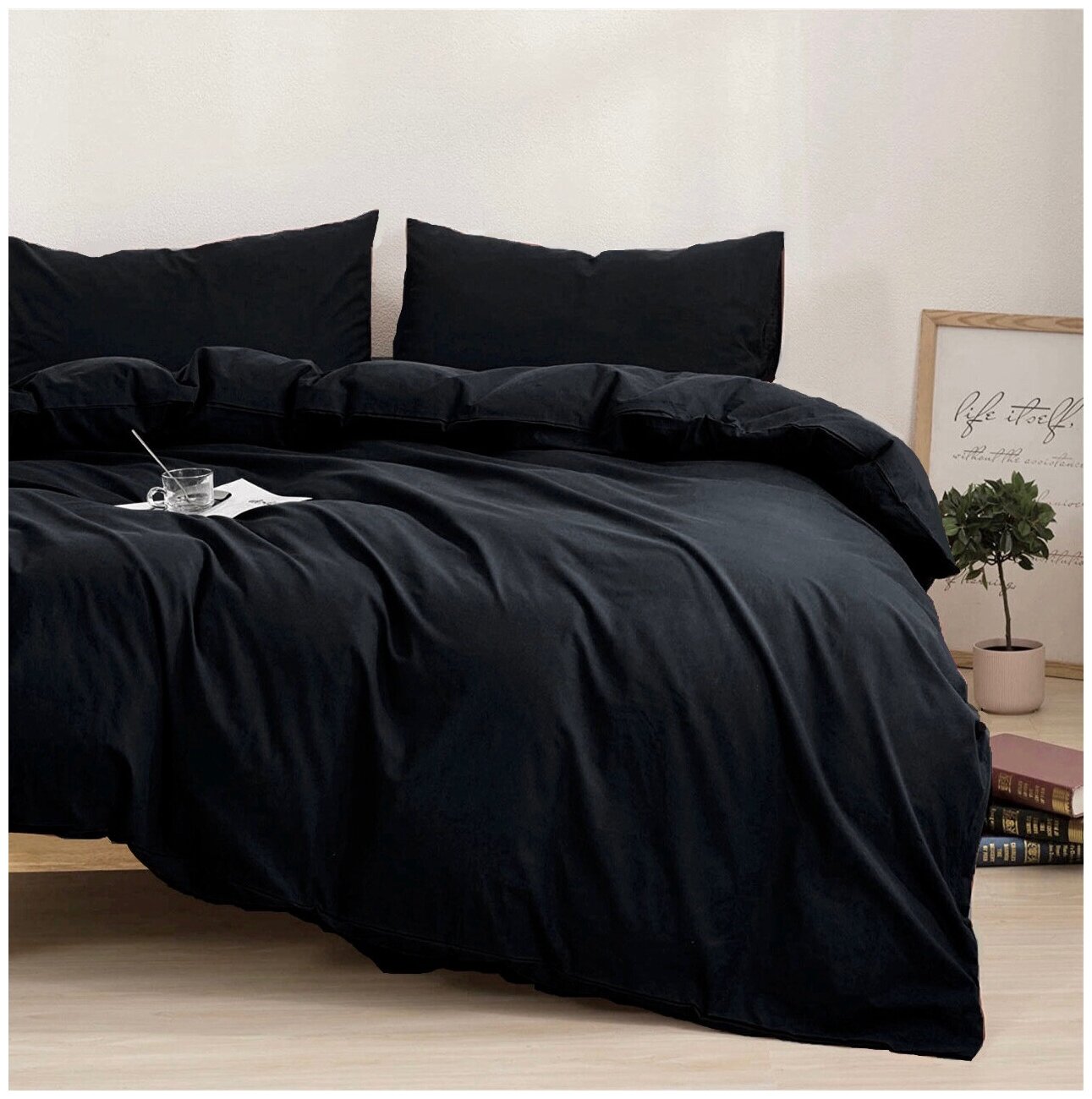 Однотонное постельное бельё, Черный, 1.5 спальный, Сатин, наволочки 50x70 - фотография № 3