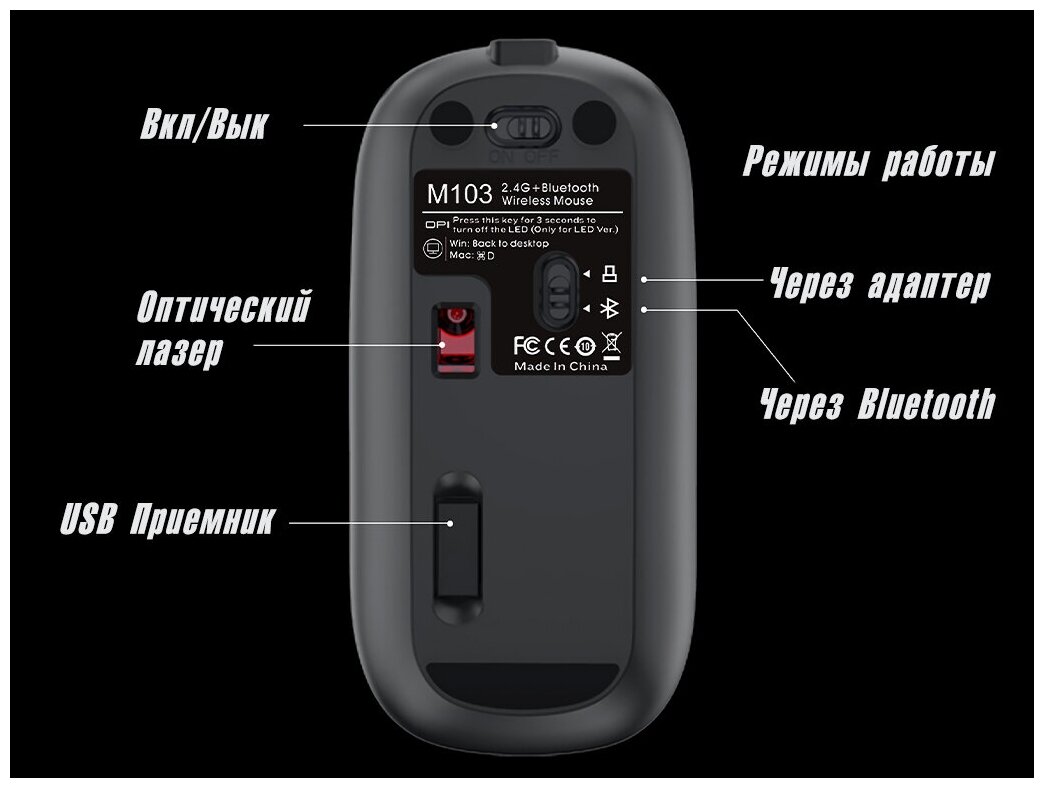 Мышь беспроводная М103, Bluetooth 5.1 + Nano USB, Зарядка Type-C Компьютерная мышка с RGB подсветкой, бесшумная мышка с Аккумулятором, цвет серый