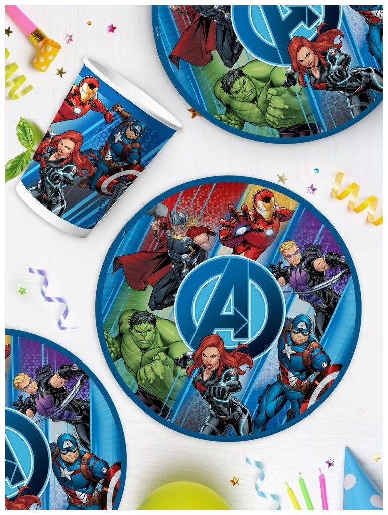 Набор бумажной одноразовой посуды для праздника Marvel \ Мавел синий (тарелка мал., стакан, по 6 шт.) ND Play - фотография № 5