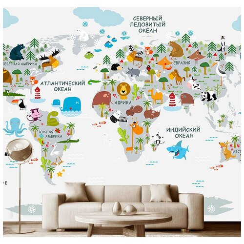 Фотообои на стену детские Модный Дом Карта мира с веселыми животными 300x270 см (ШxВ)