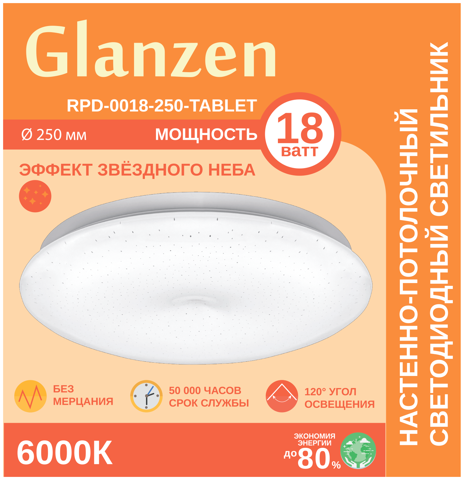 Светодиодный настенно-потолочный светильник GLANZEN 18Вт RPD-0018-250-TABLET IP20 6000К