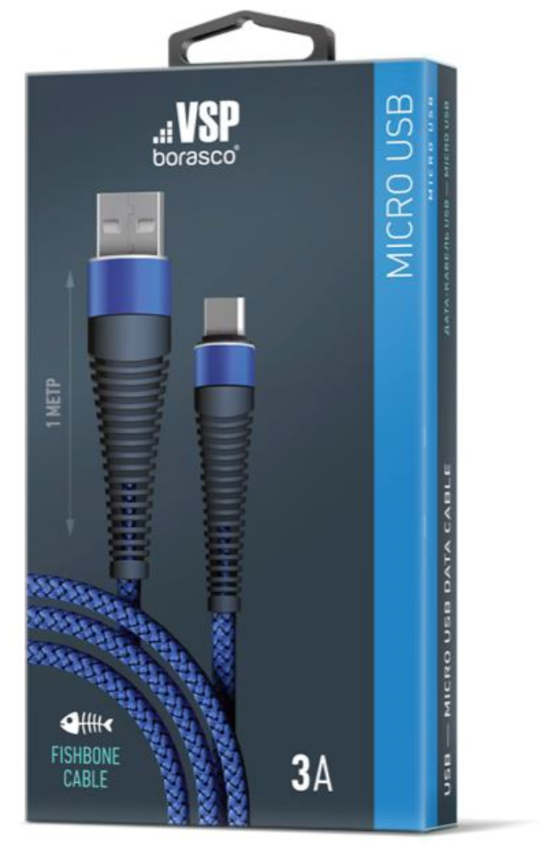 BoraSCO Дата-кабель Fishbone USB - micro USB, 3А, 1м, темно-синий