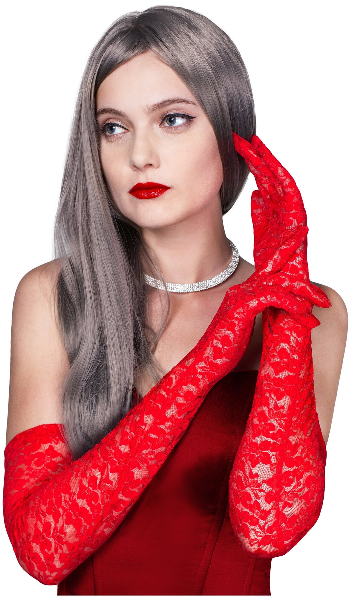 фото Перчатки ажурные длинные, цвет красный