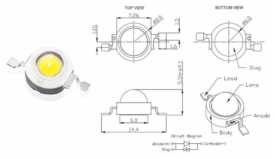 Светодиод 3W 260-280Lm, белый, холодный, 700mA, 6000-6500К