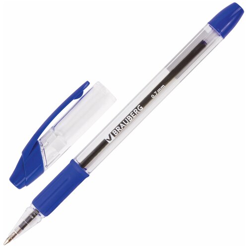 Ручка шариковая с грипом BRAUBERG JAX, синяя, корпус прозрачный, узел 0,7 мм, линия письма 0,35 мм, 141149 Комплект - 24 шт.