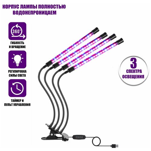 Фитолампа светодиодная, светильник для растений с регулируемым зажимом и пультом на проводе, 4 панели