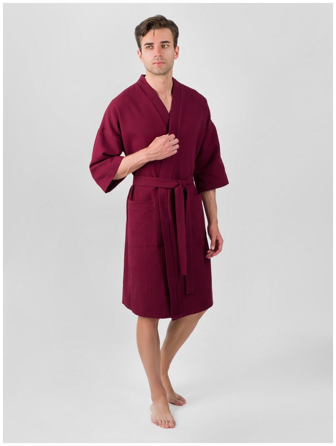 Вафельный халат Кимоно унисекс "Ромбы", бордовый. Размер 50-52 - фотография № 3
