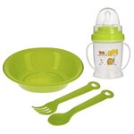 Набор детской посуды, 4 предмета: миска, ложка, вилка, бутылочка 200 мл, цвета микс - изображение