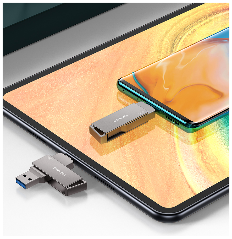 USB Флеш-накопитель Type-C + USB 3.0 128GB USAMS до 100 мбит/с, OTG флешка для телефона, планшета, компьютера, ноутбука, iPhone 15, 128 Гб