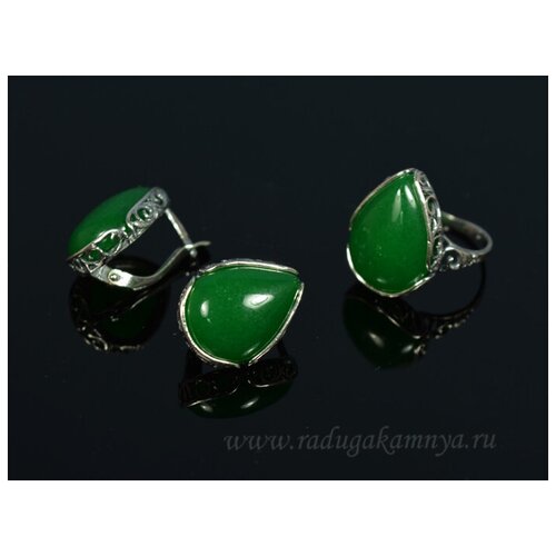позолоченное кольцо с хризопразом Комплект бижутерии: серьги, кольцо, хризопраз, размер кольца 18, зеленый