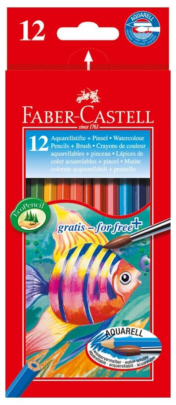 Карандаши цветные акварельные Faber-Castell, 12 цветов, шестигранные, + кисть №4 Faber-Castell
