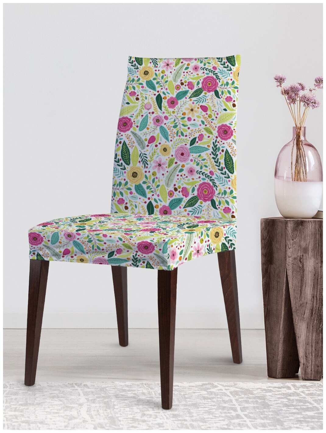 Декоративный чехол на стул JoyArty "Яркий цветочный рай" со спинкой велюровый