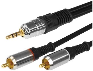 Шнур (Стерео 3,5 мм - 2 RCA) 3 м для передачи аналогового аудиосигнала, цвет: Черный и золотой (металл)
