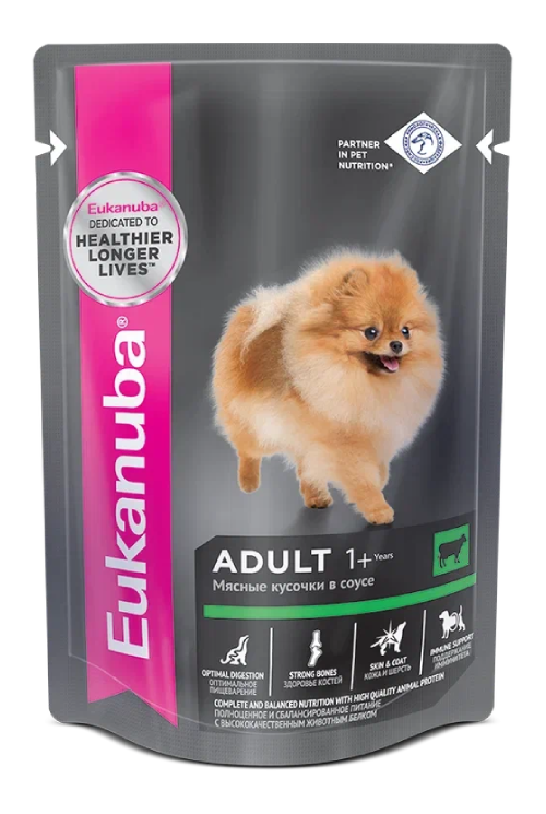 Корм для собак Eukanuba Adult All Breed влажный рацион с говядиной в соусе, 24х100г