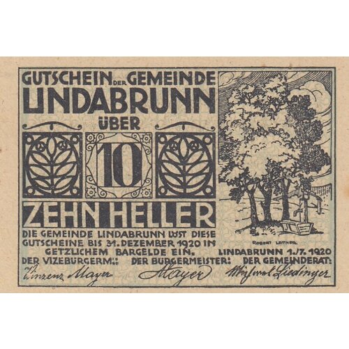 Австрия, Линдабрунн 10 геллеров 1920 г. (№1) австрия лаймбах 10 геллеров 1920 г