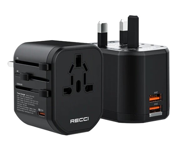 Универсальный адаптер для всех типов розеток RECCI Universal Charger Multiport for EU/UK/US/AUS Plugs, 2000W, 2U+C (QC3.0+PD20W), Черный, RCG-P02