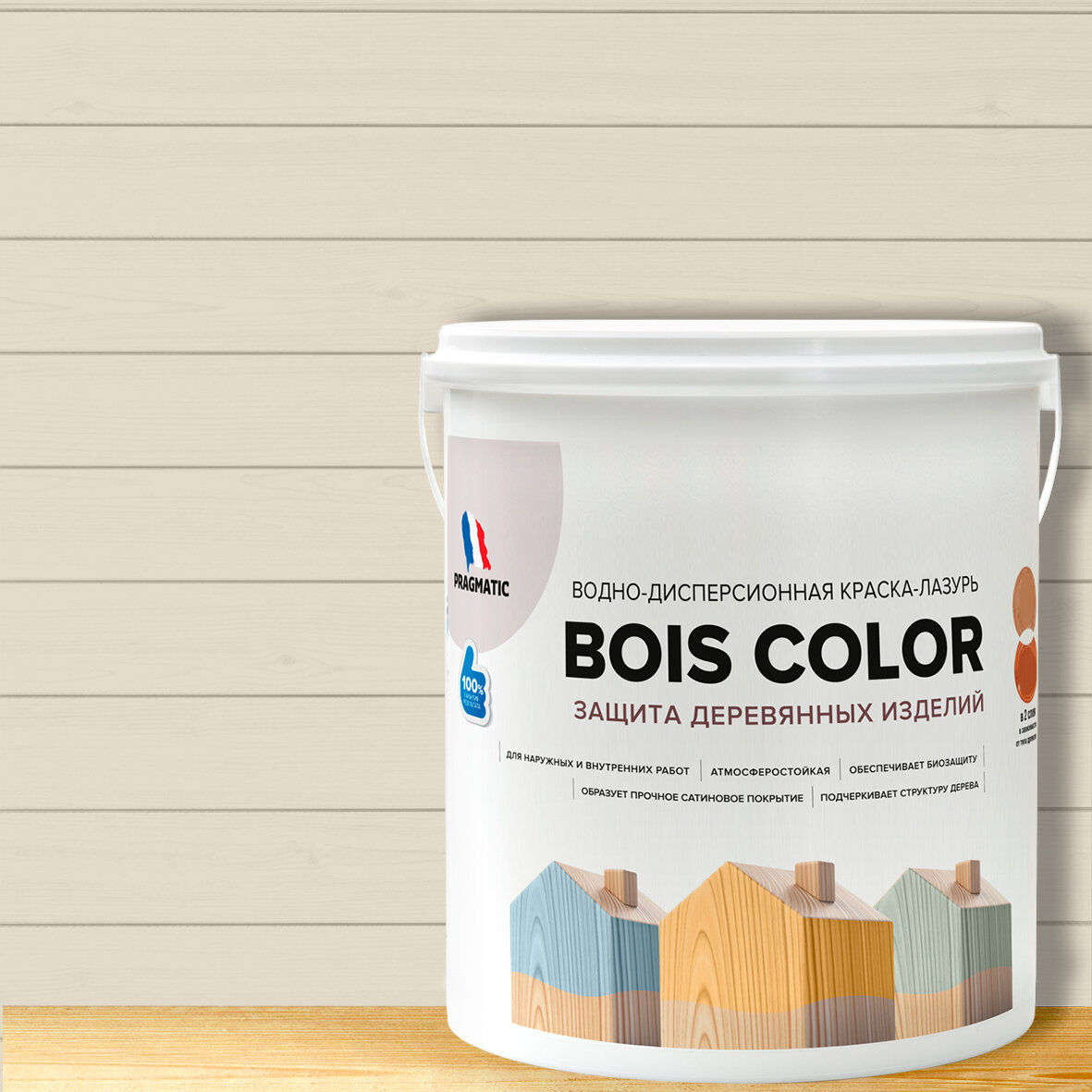 Краска (лазурь) для деревянных поверхностей и фасадов, обеспечивает биозащиту, защищает от плесени, грибков, атмосферостойкая, водоотталкивающая BOIS COLOR 0,9 л цвет Слоновая кость 8498