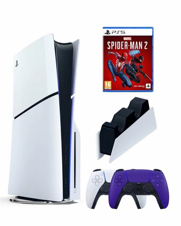 Приставка Sony Playstation 5 slim 1 Tb+2-ой геймпад(пурпурный)+зарядное+Человек Паук 2