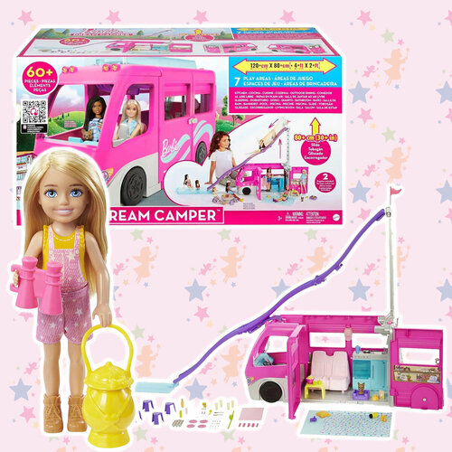 автомобиль barbie super adventure camper высотой 76 см с бассейном горкой и более 60 аксессуарами Сюжетно-ролевые игрушки Игровой набор Барби Barbie Автобус мечты с мебелью и бассейном