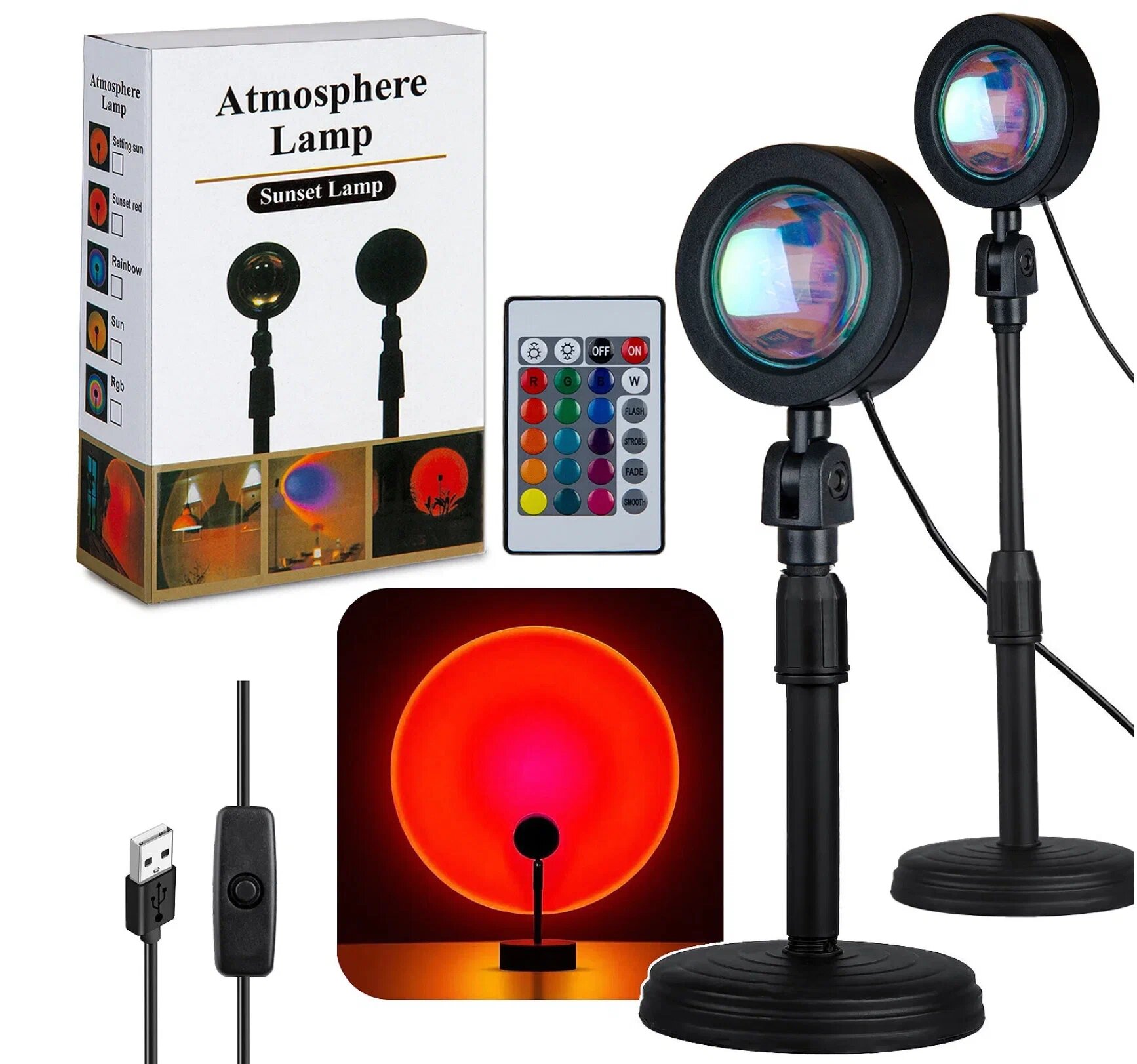 Светодиодный атмосферный светильник LED Sunset Lamp, настольная лампа-проектор заката для фото, декора и светотерапии