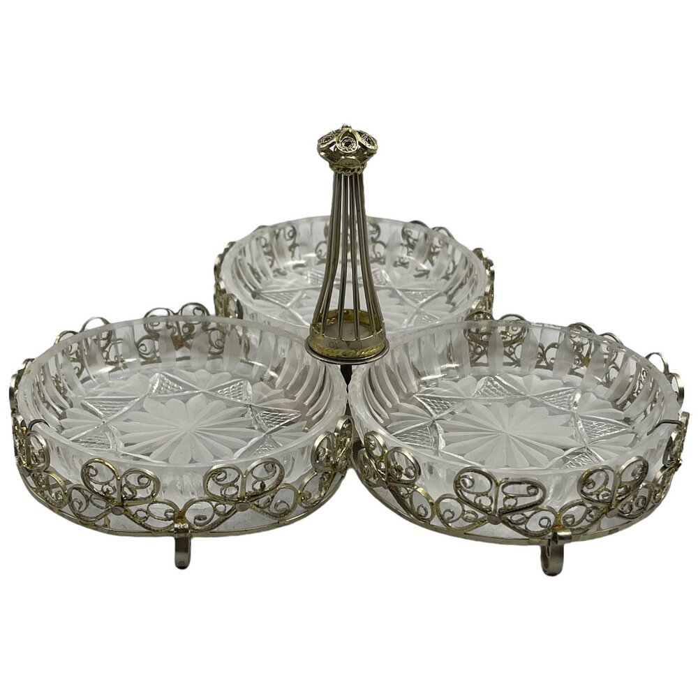 фото Менажница "Праздничная", хрусталь, металл, скань, 1960-1970 гг, СССР