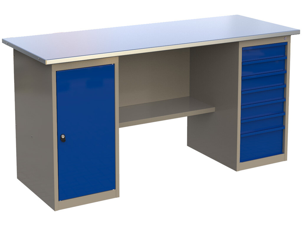 фото Стол верстак слесарный металлический с 2 тумбами с дверью и с 7 ящиками, 1800 мм, MasterLine, Wellmet ML 1800 ML0/ML7