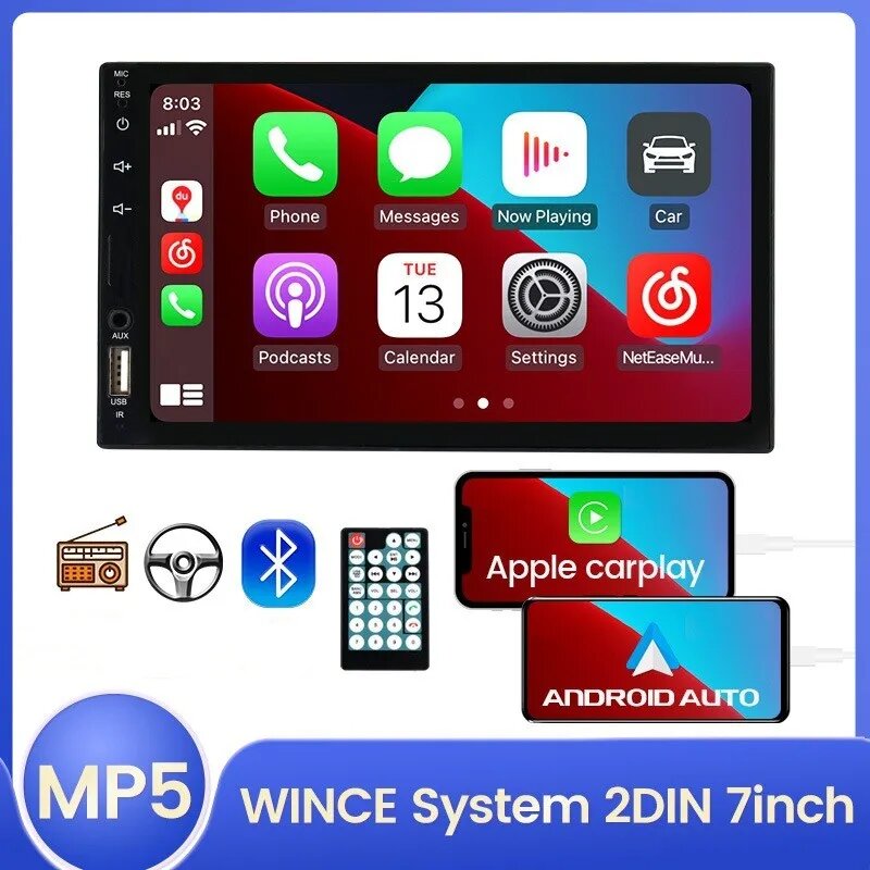 Автомобильный мультимедийный видеоплеер/7023B Автомагнитола/Carplay Bluetooth музыкальная трансляция/Радио HD сенсорный экран FM/обратная видимость, Красный — фото 1