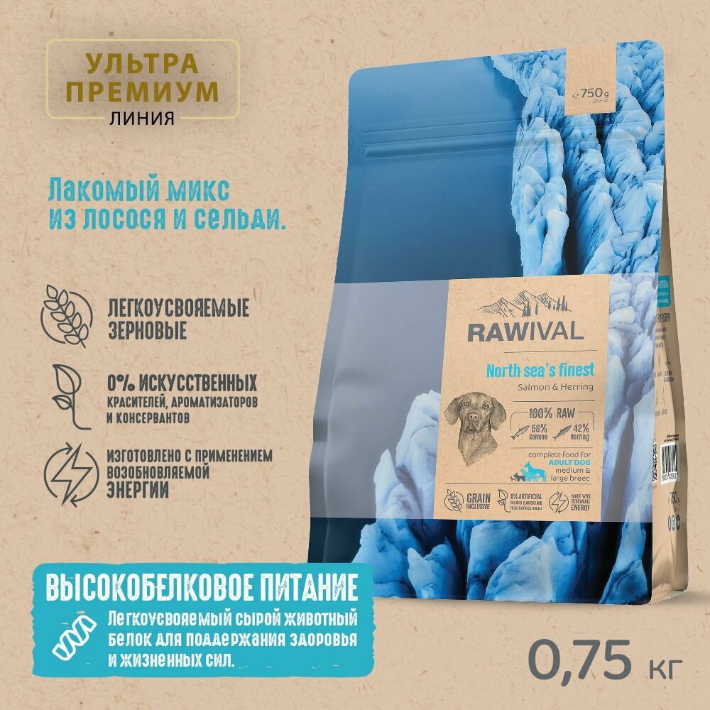 RAWIVAL North Sea s Finest Сухой корм со вкусом лосося и сельди, для взрослых для собак средних и крупных пород, 750 г