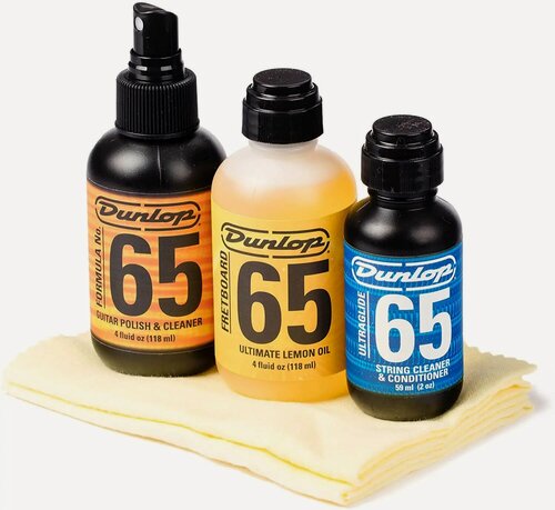Изображение товара Набор средств для ухода за гитарой Dunlop 6504 Formula 65. в комплекте: полироль, лимонное масло, кондиционер для струн, салфетки