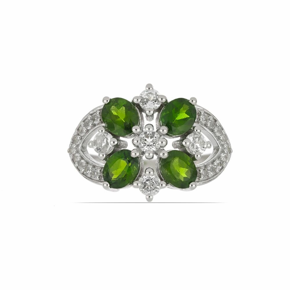 Кольцо, серебро, 925 проба, родирование, хромдиопсид, топаз