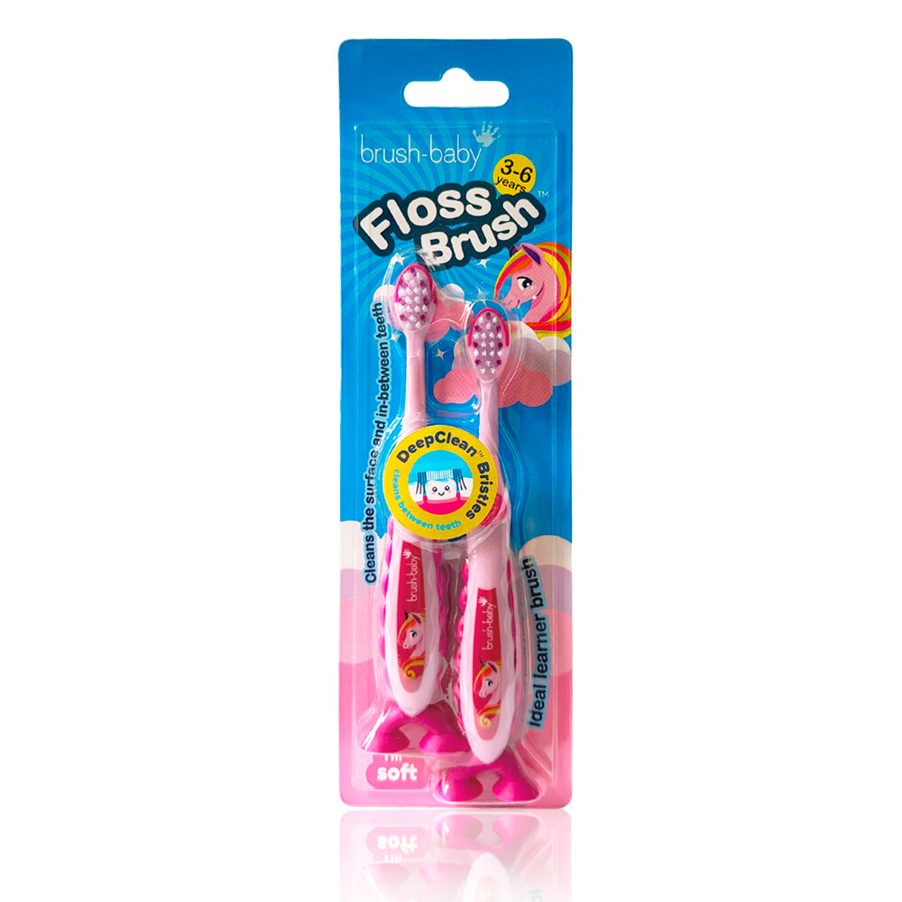 Щетки зубные FlossBrush от Brush Baby, для детей 3-6 лет, с единорогом, 2шт