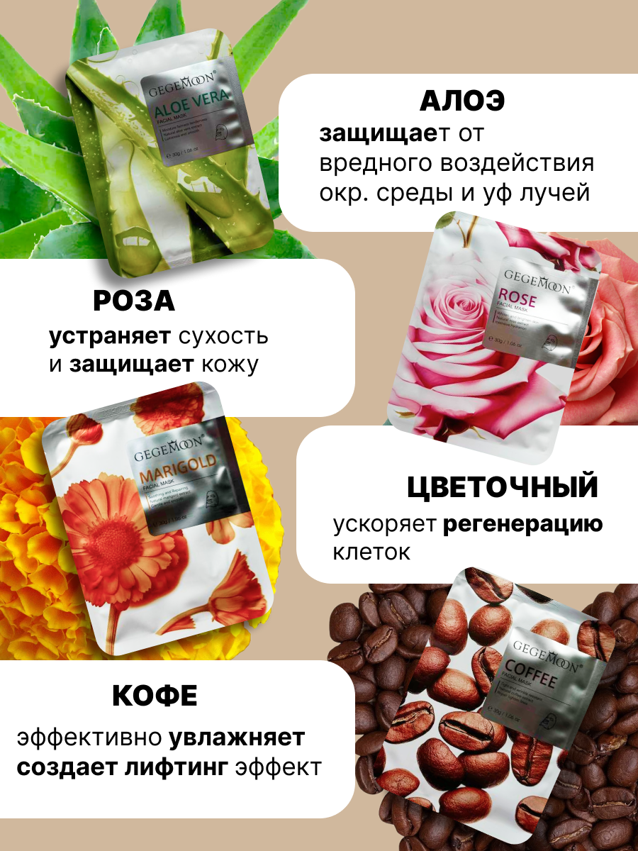 Набор увлажняющих, тонизирующих тканевых масок GEGEMOON, для всех типов кожи — фото 1
