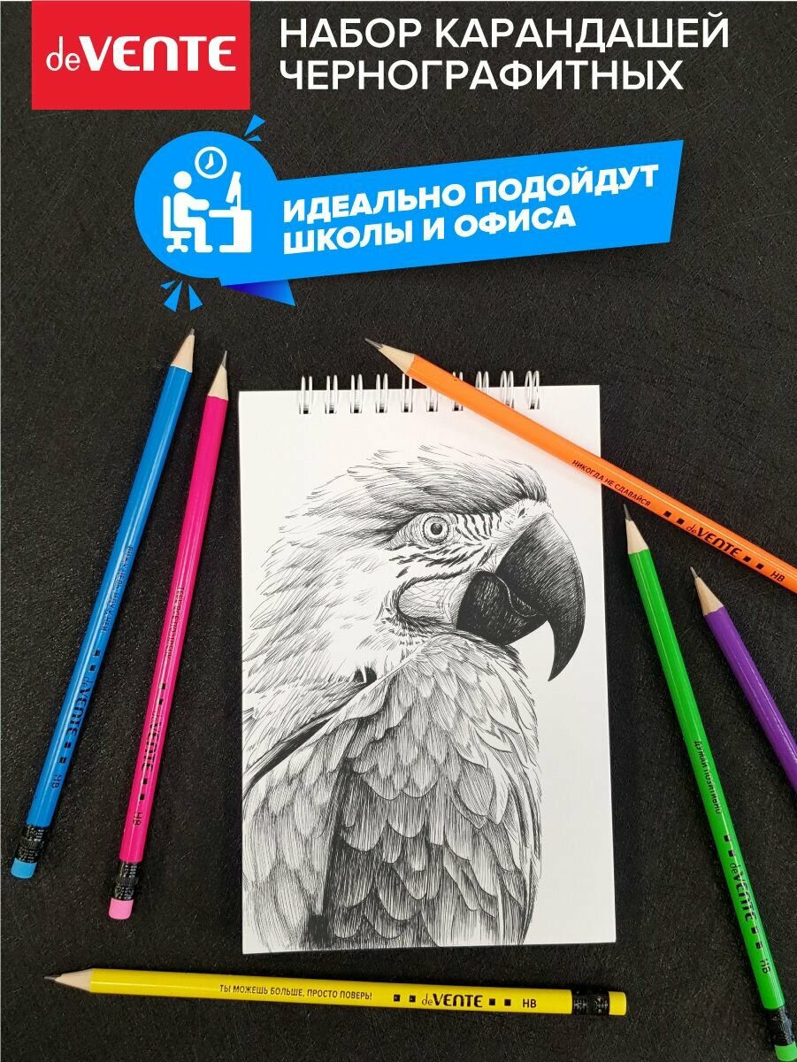 Набор простых карандашей чернографитных для рисования с ластиком и мотивирующими фразами на корпусе 6 шт — фото 1