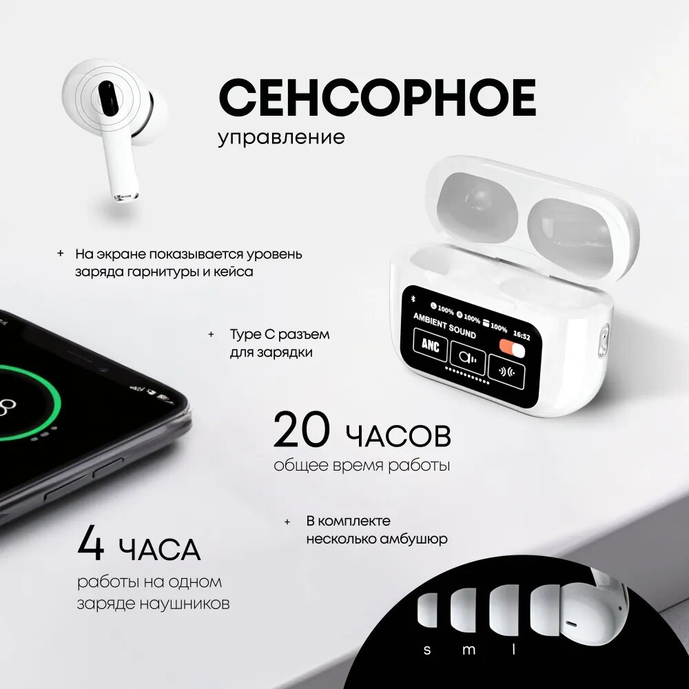 Наушники беспроводные с микрофоном Hoco EW72, шумоподавление ANC+ENC, сенсорный дисплей, белый — фото 1