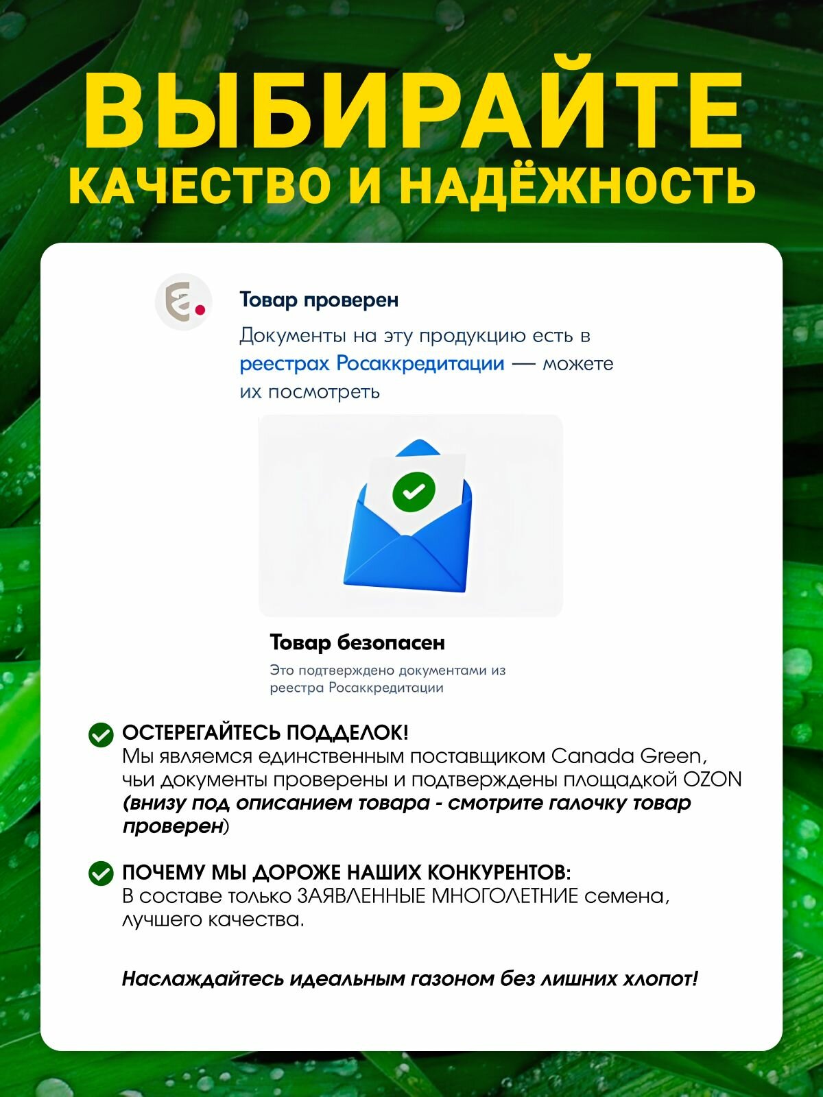 Газонная трава семена теневыносливый 2кг, Газон Канада Грин"Full Shade " на 40 -60 кв. м — фото 1