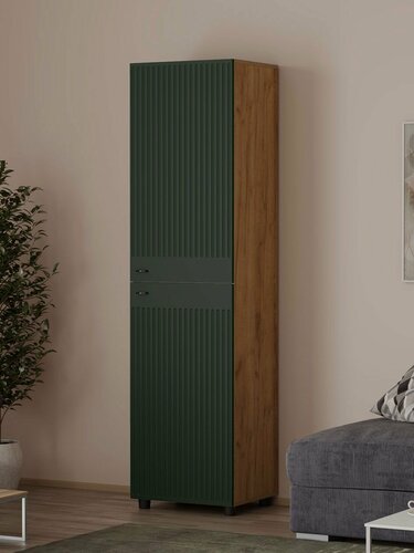 Изображение товара Распашной шкаф-пенал для одежды и хранения вещей Ларенс с полками, 50.1х41.6х191.4 см, Дуб золотой / Олива софт