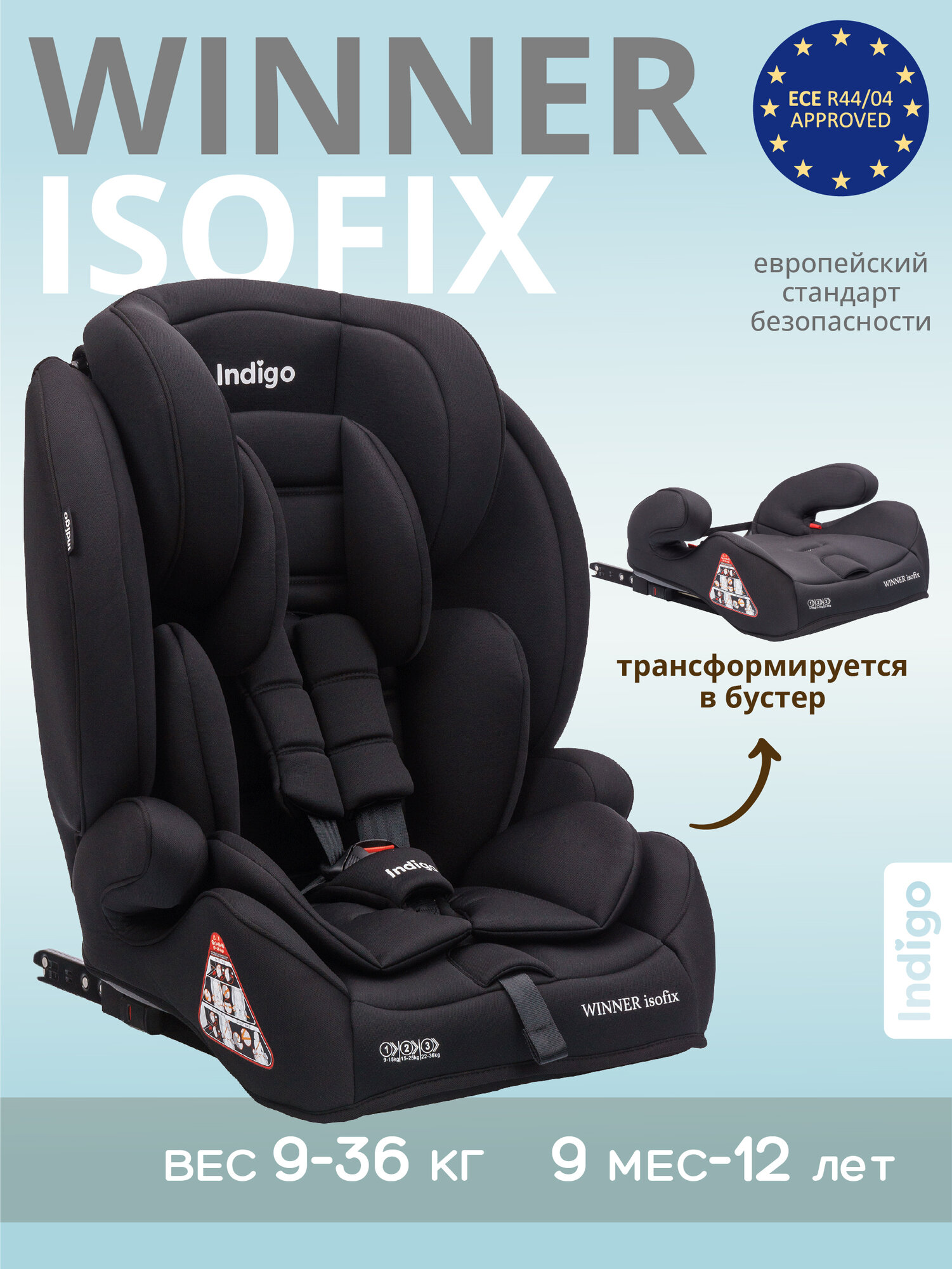 Автокресло бустер 2 в 1 WINNER ISOFIX 9-36 кг группа 123 черный матовый