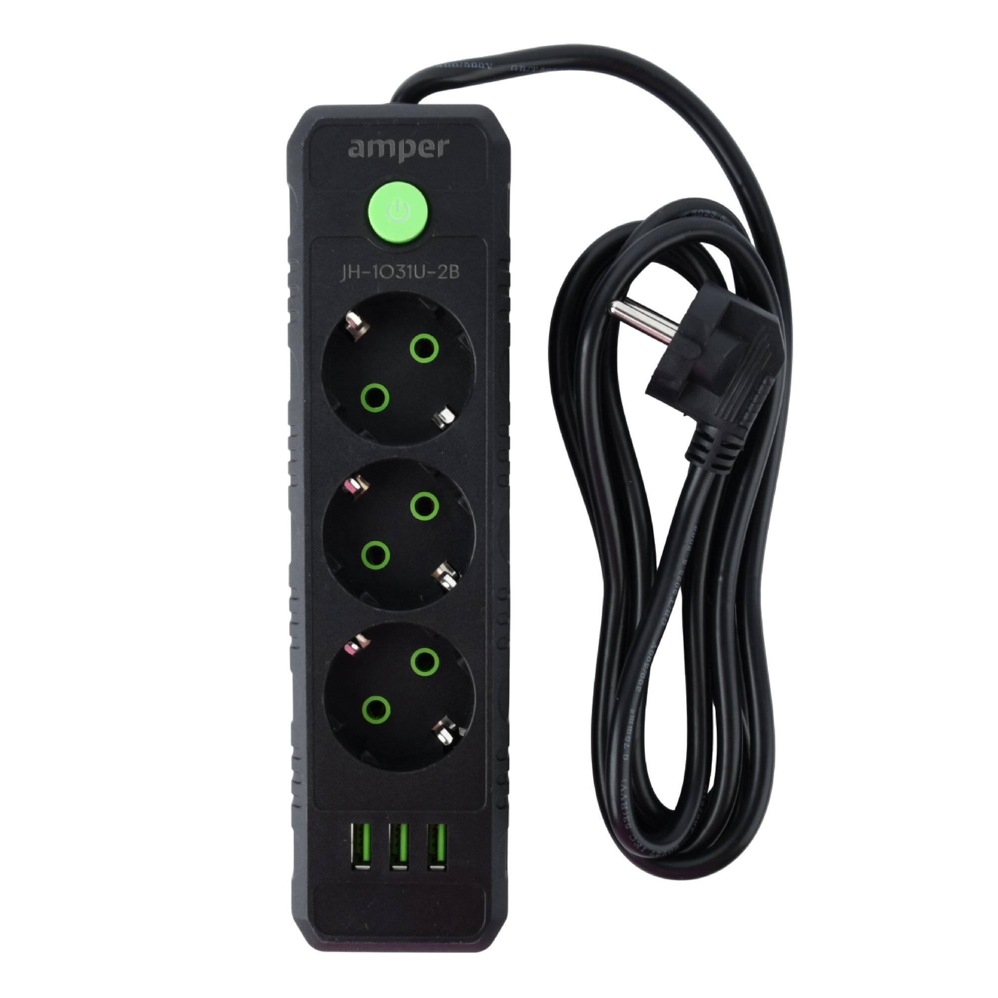 Сетевой удлинитель Amper, 2,0м, 3 розетки, 10А, 2500 Вт, 3usb, черный. — фото 1