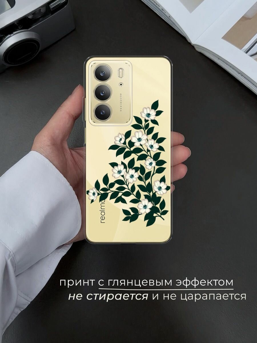 Чехол на Realme C75 4G / Реалми C75 4G с принтом "Цветы с черными листьями" — фото 1