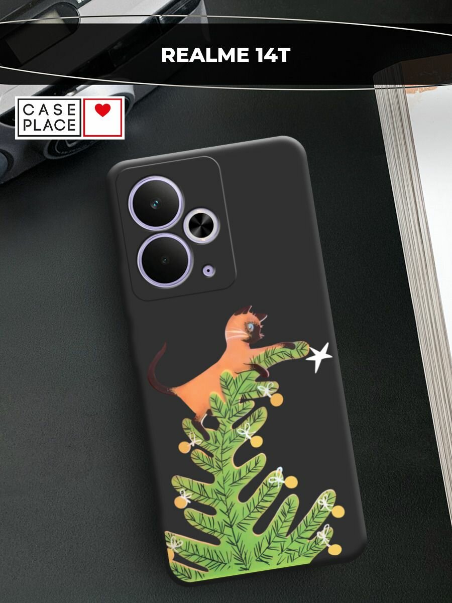 Чехол на Realme 14T / Реалми 14Т с принтом "Кот на елке"