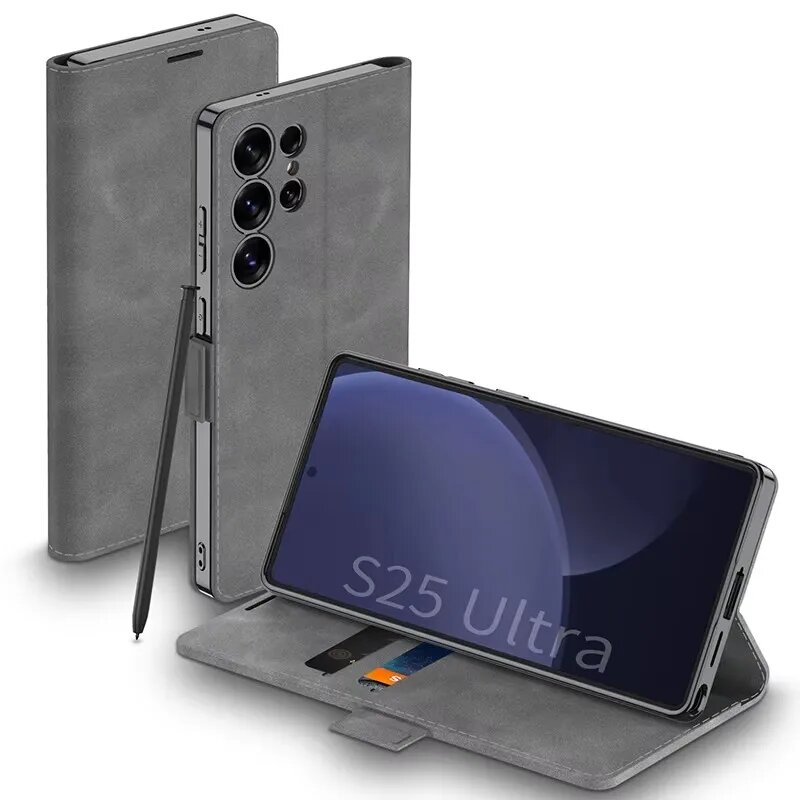 Чехол-книжка для Samsung Galaxy S25 Ultra, серый, кожа