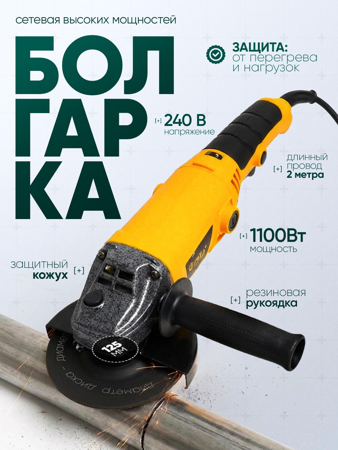 Профессиональная болгарка TEXA 125 мм : 1100W - антивибрационная, с ручкой, пылезащитой