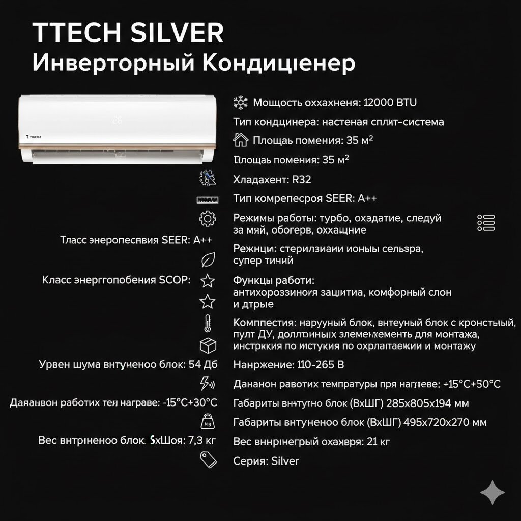 Инверторный кондиционер 7TECH "3000 Series" 7AC4G12BAS1, A+++, площадь 35м², R32