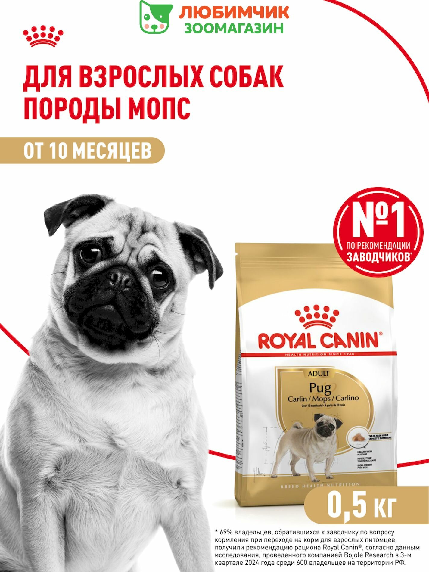 Royal Canin корм для взрослых собак породы Мопс 500 гр