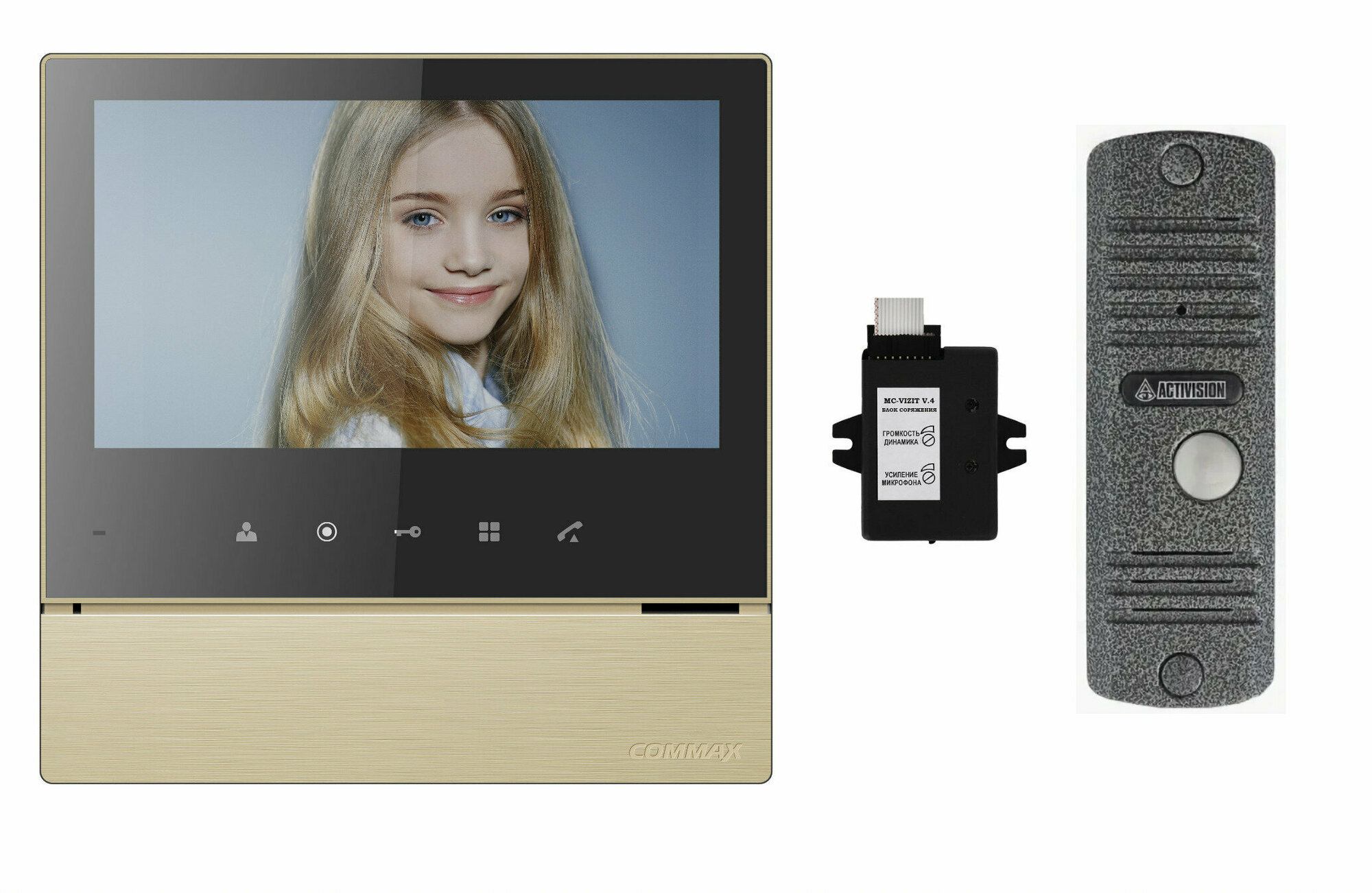 Комплект видеодомофона и вызывной панели COMMAX CDV-70H2 (Золото Black Smog) / AVC 305 (Серебро) + Модуль VZ Для координатного подъездного домофона