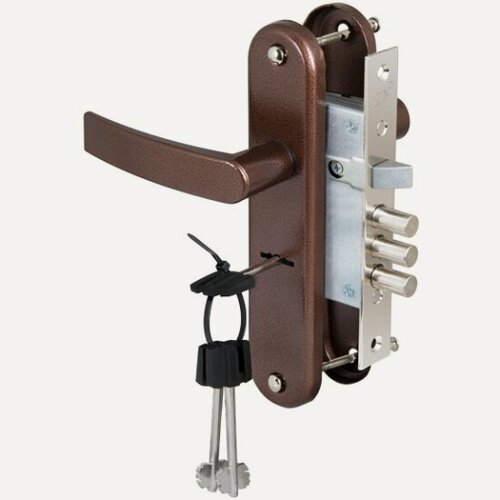 Изображение товара Замок врезной сувальдный с защёлкой в комплекте с ручкой Сам ЗВ9-6/13 (медный антик), 3 кл. /77311/